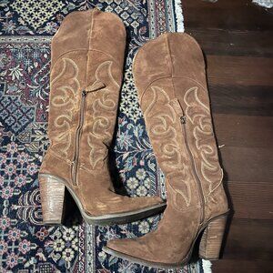 Dingo Western Suede Embroidered Knee-High Boots  (Brown suede boots)